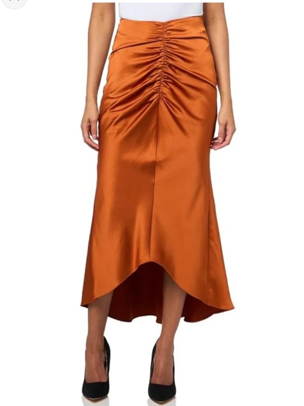 Trina Turk 'Aspen' Ruched Satin High-Low Midi-Skirt, Amber